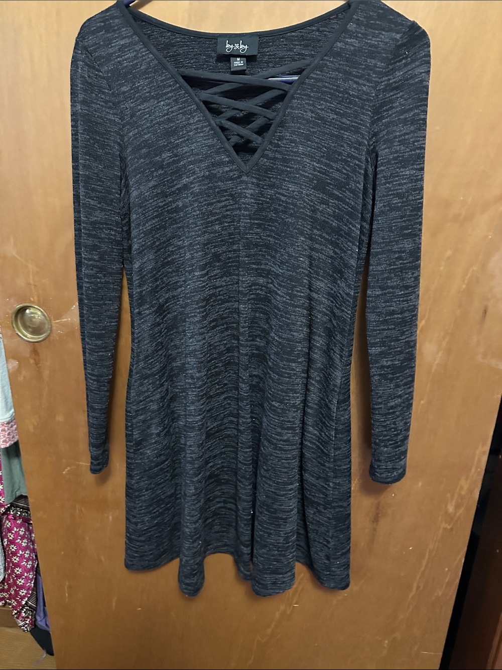 by & by Charcoal Heather Lattice V-Neck Long-Sleeve Dress